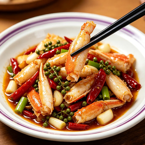 Spicy stir-fried crab legs with dried chilli in a shallow blue bowl