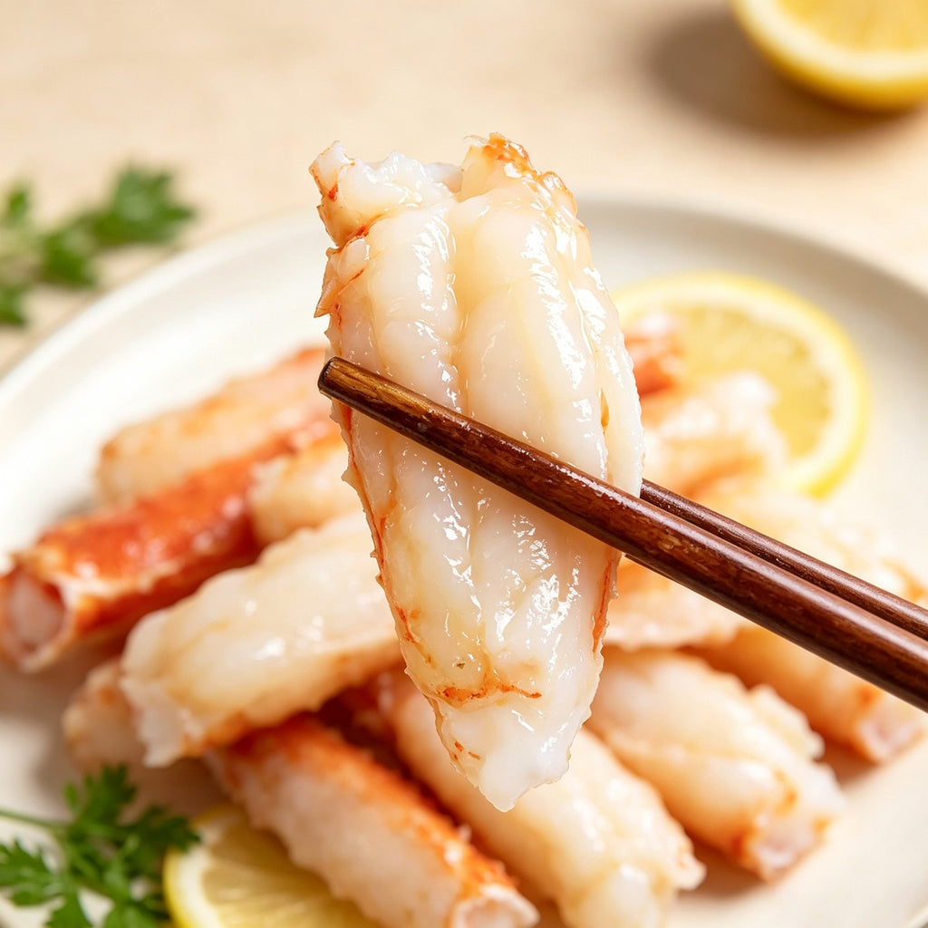 Chopsticks lifting a piece of white crab leg meat above a plate