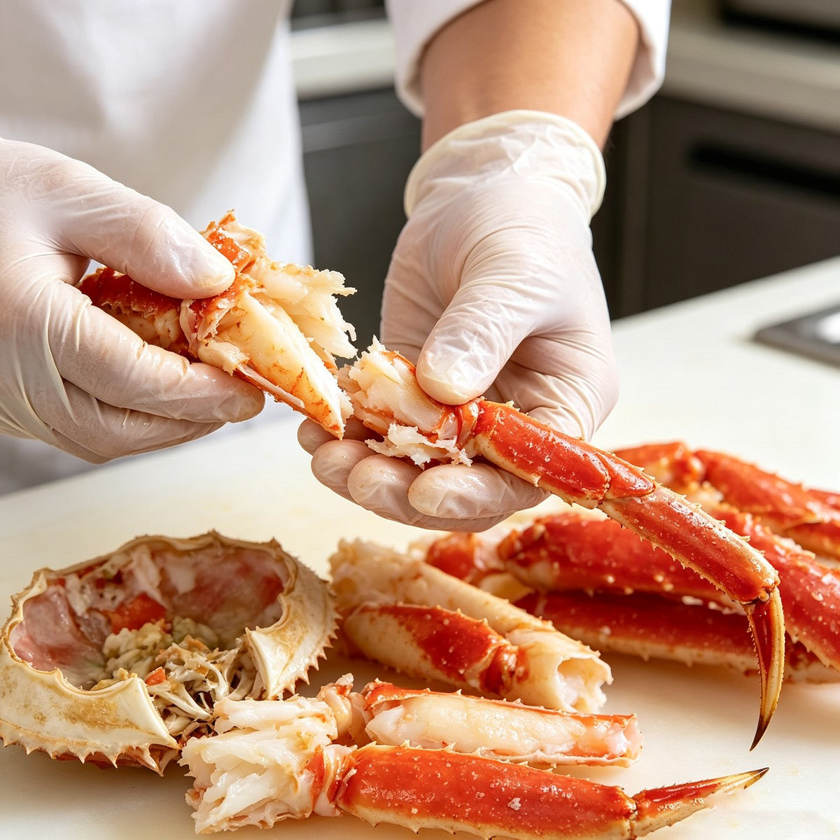 Gloved hands cracking open a cooked crab at a kitchen counter