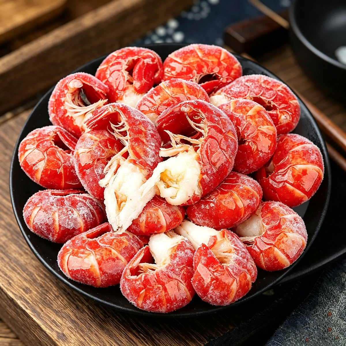 Close-up pile of shelled crayfish tail meat on a dark wooden board