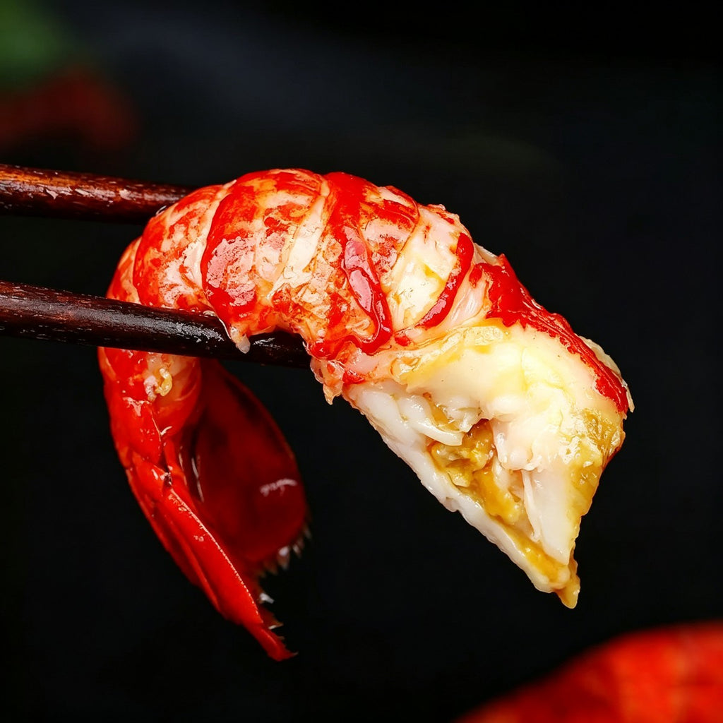 Chopsticks holding a crayfish tail above a red chilli on a dark plate