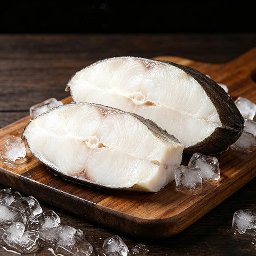 Two raw white halibut loin portions resting on dark slate over crushed ice