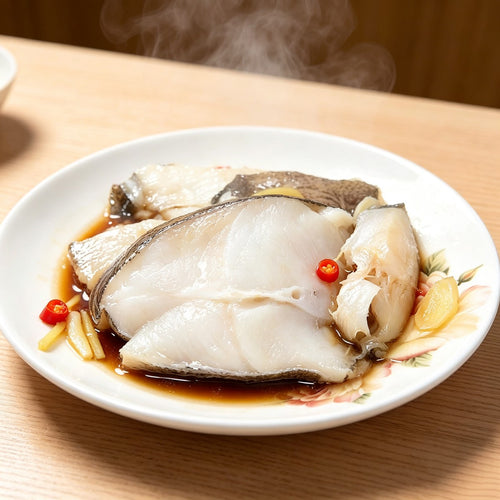 Cooked halibut fillet glazed with soy sauce on a white plate