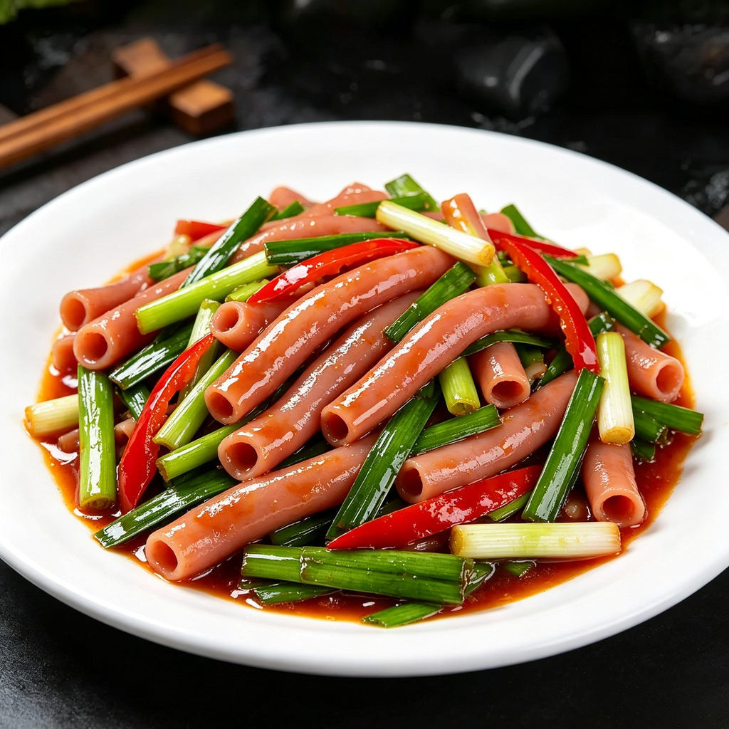 Stir-fried sea intestines with Chinese chives on a white plate