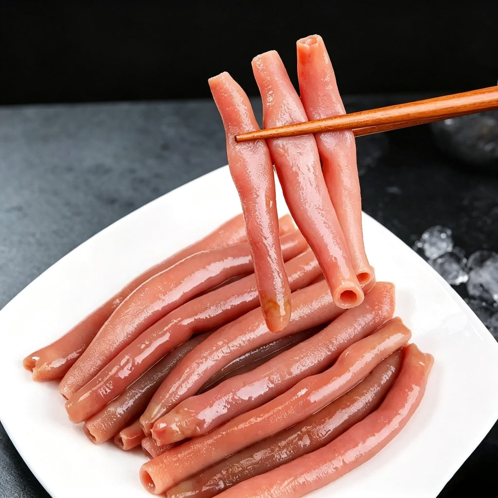 Chopsticks lifting raw pink sea intestine tubes over a dark surface
