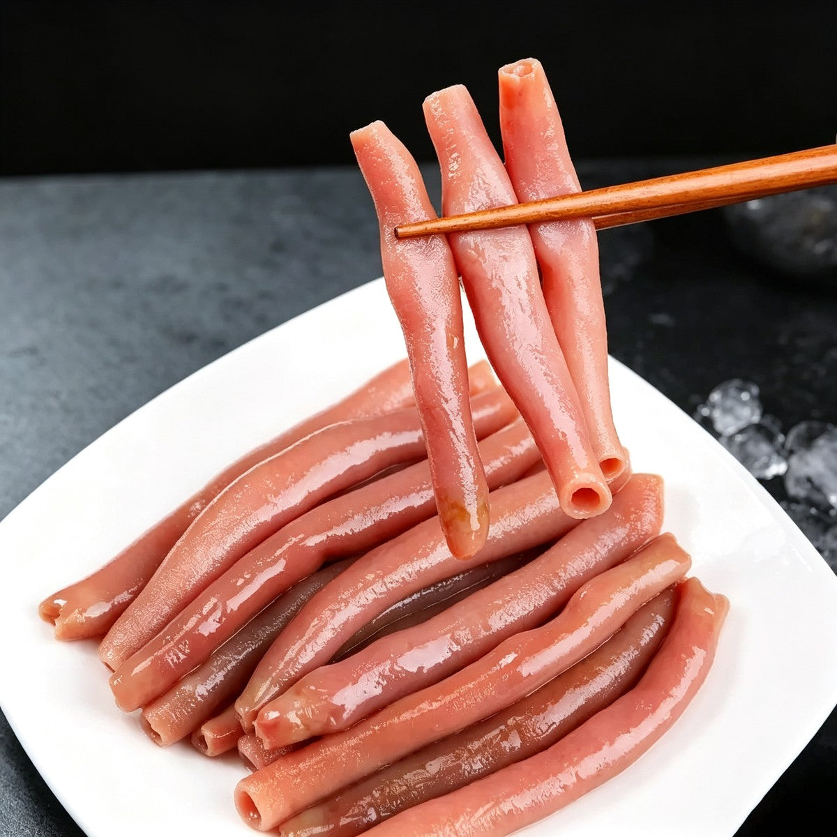 Chopsticks lifting raw pink sea intestine tubes over a dark surface