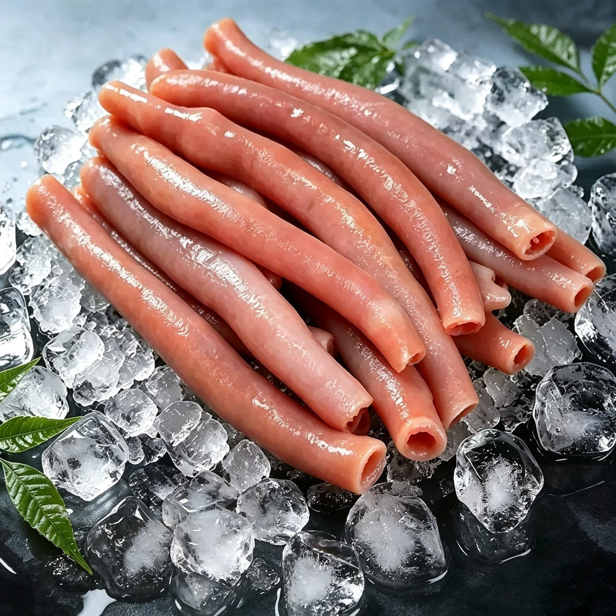 Raw sea intestine tubes arranged on crushed ice