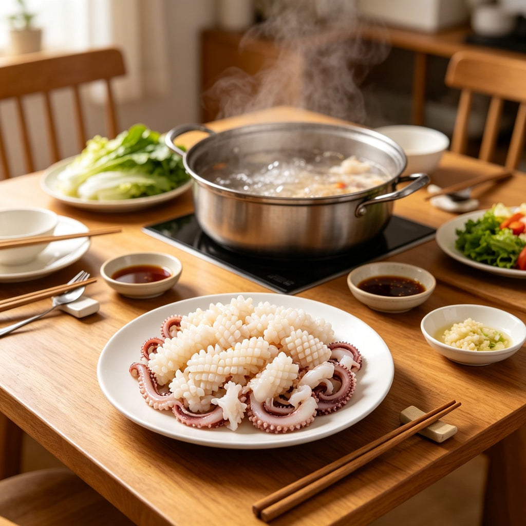 Hot pot table with a plate of scored squid beside simmering broth