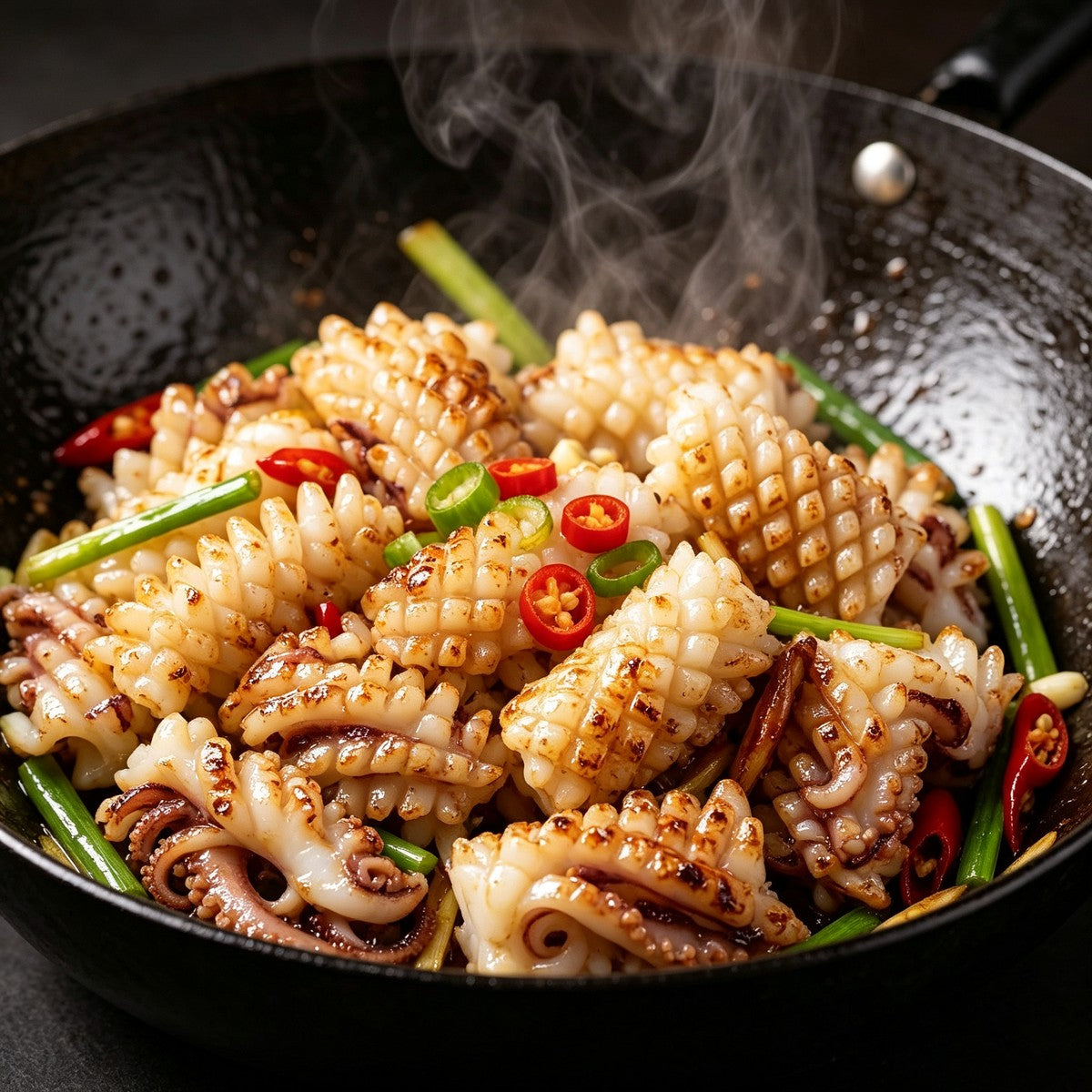 Stir-fried squid flowers with spring onion in a black wok