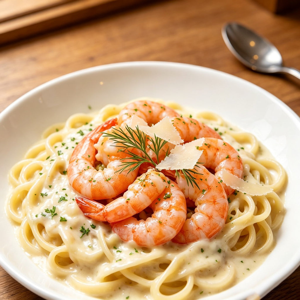 Shrimp and herbs on a plate of creamy pasta
