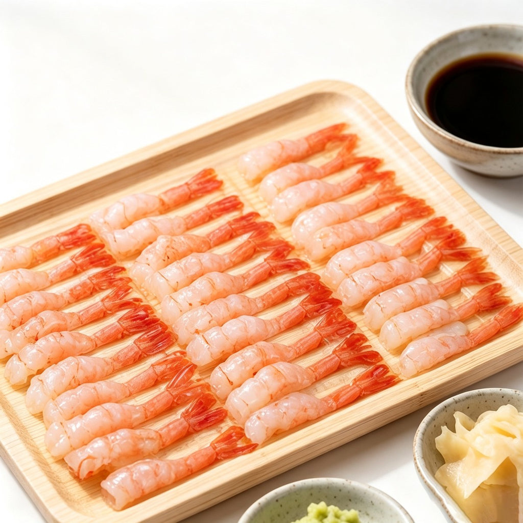 Rows of raw pink shrimp laid out on a wooden serving board