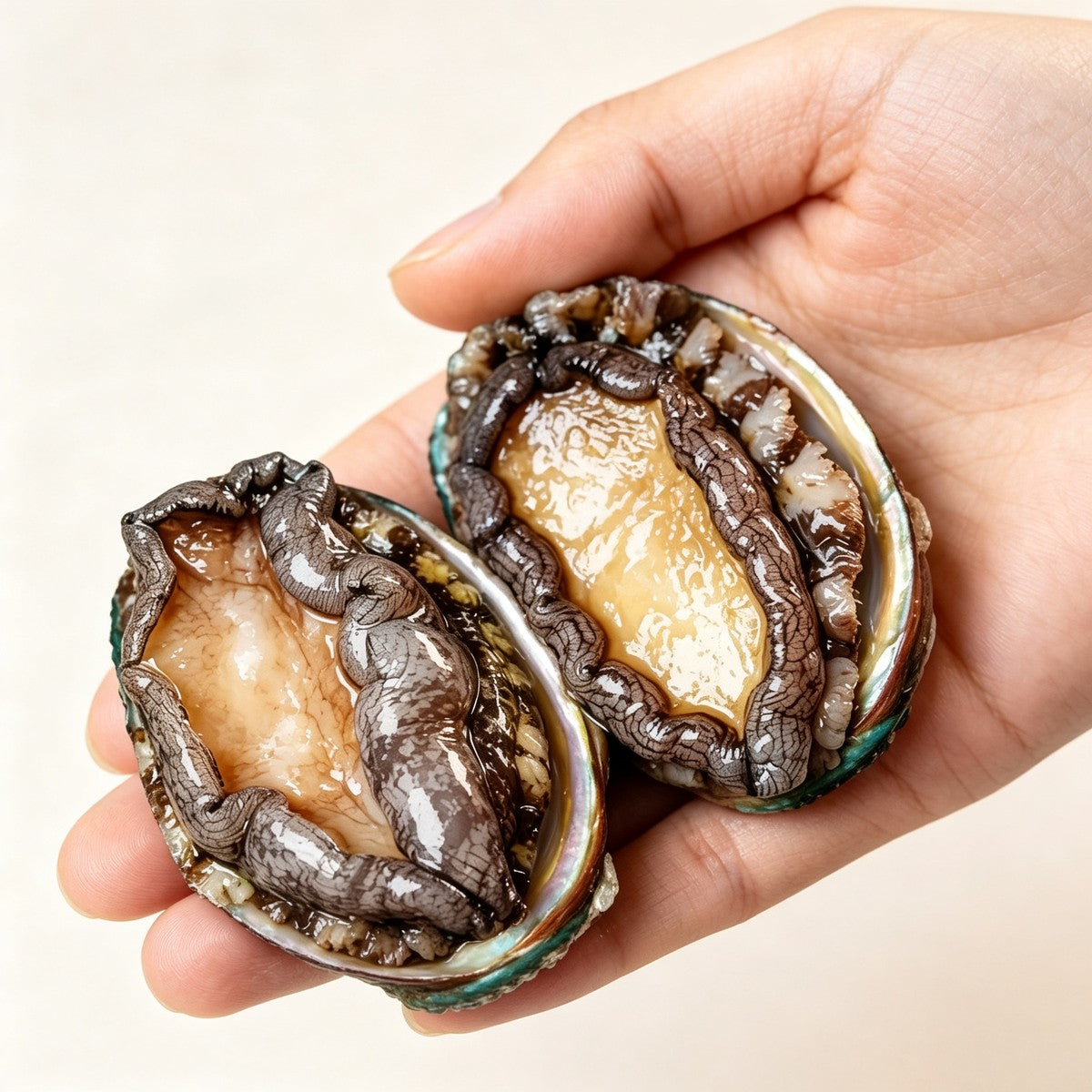 Hand holding two whole abalone with shells facing the camera