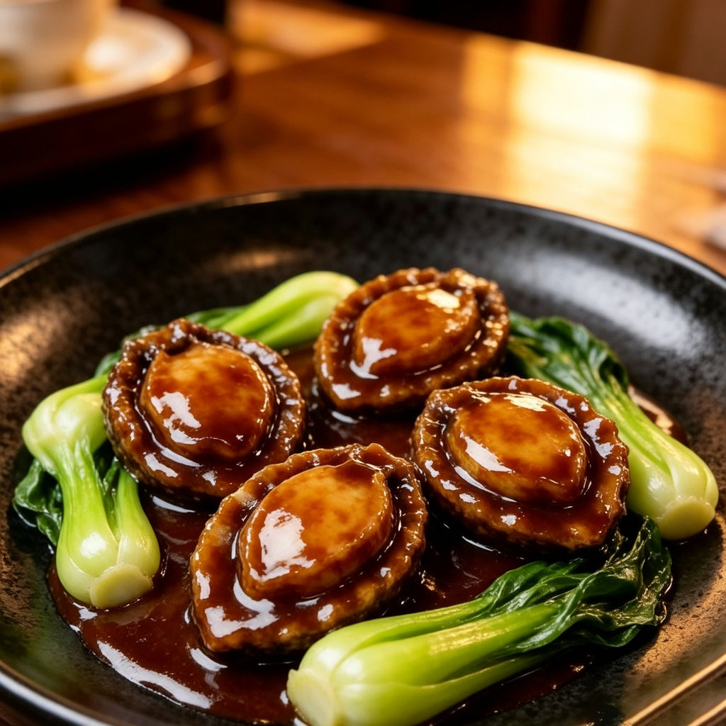 Braised abalone with bok choy in a dark sauce in a cast iron pan