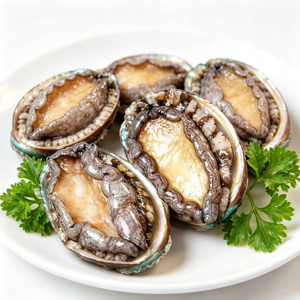 Whole abalone on half shells arranged on a white plate with parsley